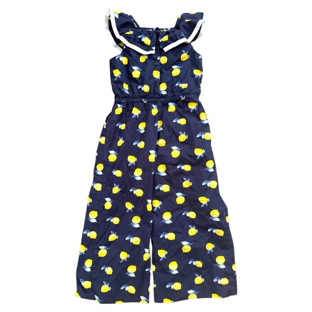 Janie and Jack Girl’s Jumpsuit Size 6 Navy Blue Yellow Lemon Print Sleeveless - Picture 4 of 4
